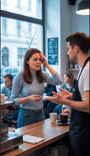confused woman in cafe